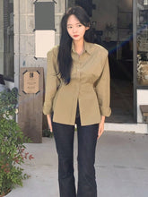 DAZY Women's Solid Color Lapel Button Design Waist Shirt